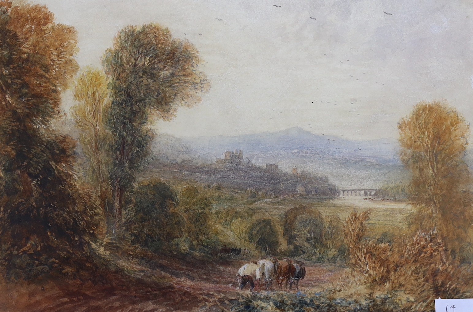 David Cox Snr (1783-1859), watercolour, Autumnal view with a ploughman, Hay-on-Wye, labelled and titled to mount, 20 x 29cm